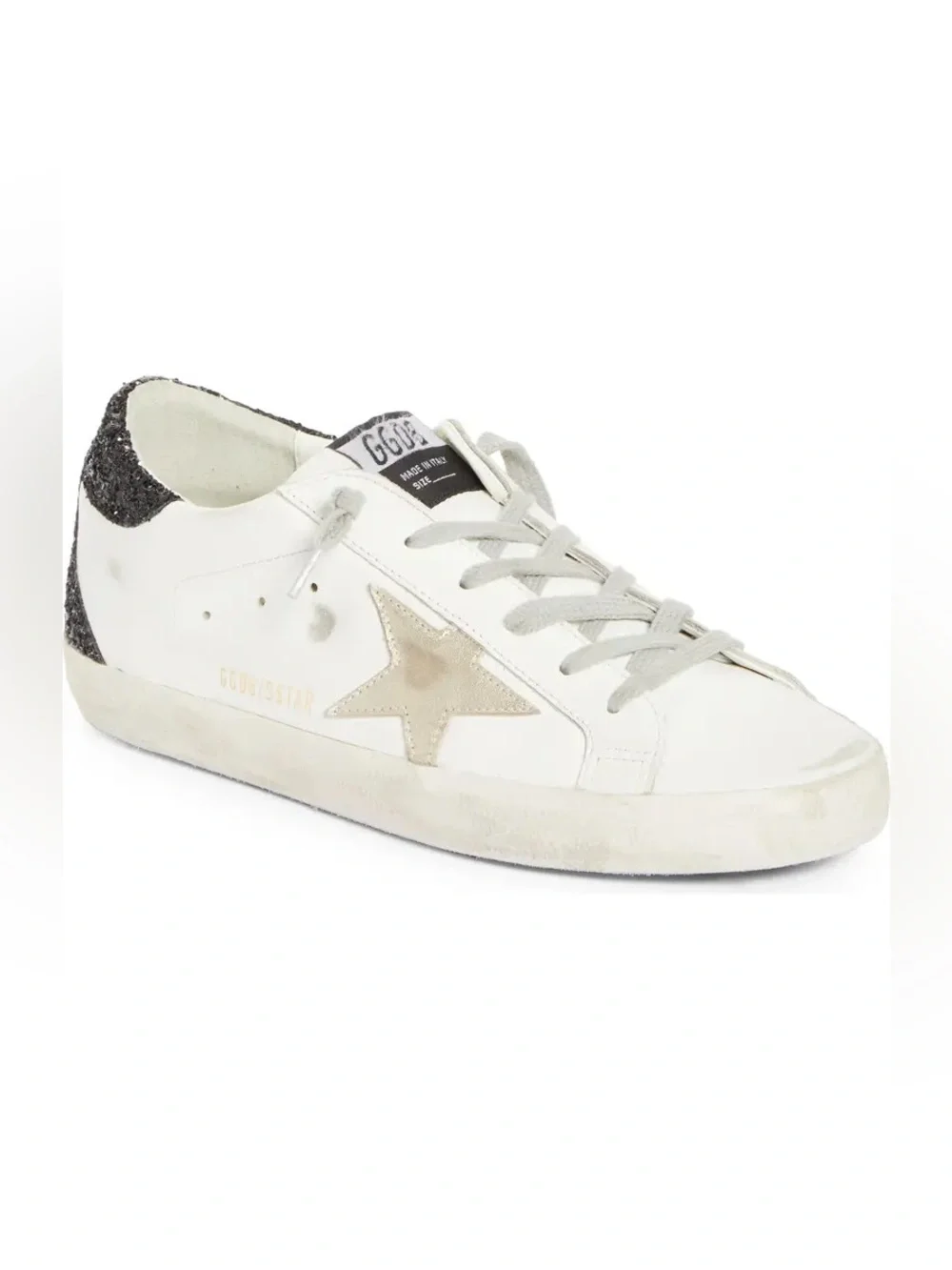 Golden Goose Super Star White Low-Top Sneaker with Beige Star and Black Glitter - Picture 1 of 11